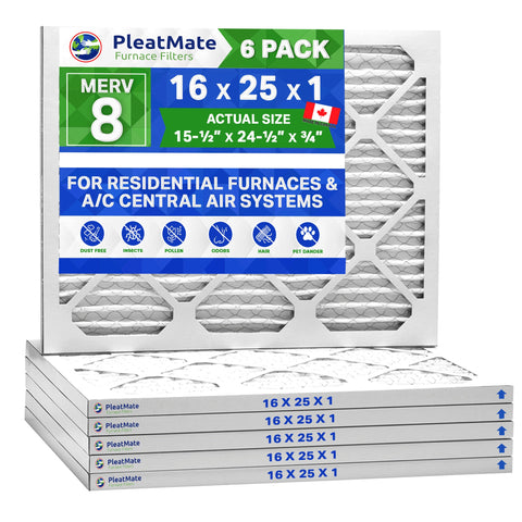 16x25x1 MERV 8 Furnace Air Filters Pleated Material. Case of 6
