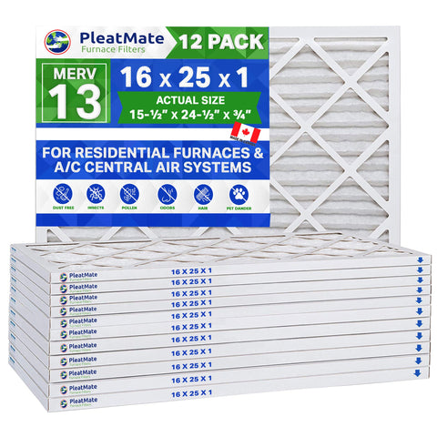 16x25x1 MERV 13 Furnace Air Filter, Pleated Material. Case of 12