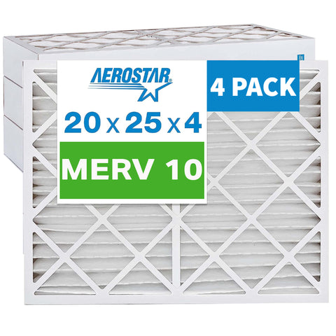 Aerostar 20x25x4 Furnace Filter MERV 10 Pleated Filters. Actual/Exact Size : 19 1/2" x 24 1/2" x 3 3/4"  Case of 4.