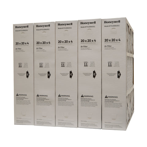 Honeywell 20x20x4 Furnace Filter Model # FC100A1011 MERV 11. Actual Size 19 15/16" x 19 3/4" x 4 3/8." Package of 5