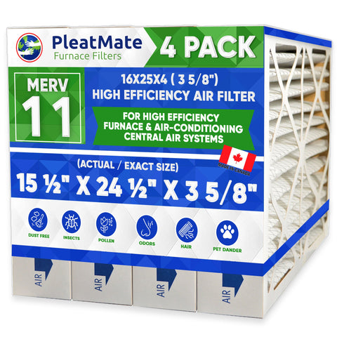 16x25x4 MERV 11 Furnace and A/C Air Filter. Compatible with 3M 16x25x4. Actual/Exact Size 15 1/2 x 24 1/2 x 3 5/8. Case of 4
