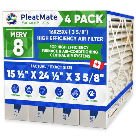 16x25x4 MERV 8 Furnace Filter. Actual Size 15 1/2" x 24 1/2" x 3 5/8". 3M 16x25x4 Filtrete Size Replacement Filters. Case of 4