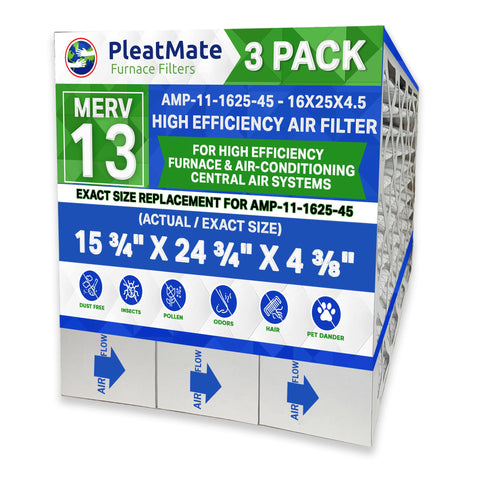 Clean Comfort 16x25 MERV 13 Part # AMP-11-1625-45. Actual Size 16" x 25" x 4.5" Case of 3. Made by Furnace Filters.Ca