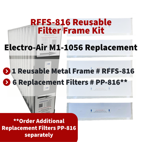 M1-1056 Reusable Filter Frame System. Actual Size 15 3/8 x 25 1/2 x 5 1/4. Includes Lifetime Reusable Frame MODEL # RFFS 816 and 6 Replacement Filters PART # PP-816 MERV 11.