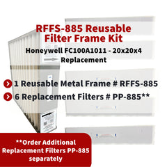 Honeywell FC100A1011 - 20x20x4 Reusable Filter Frame Kit - Includes Lifetime Reusable Frame MODEL # RFFS 885 and 6 Replacement Filters PART # PP-885 MERV 11. Made by FurnaceFilters.Ca